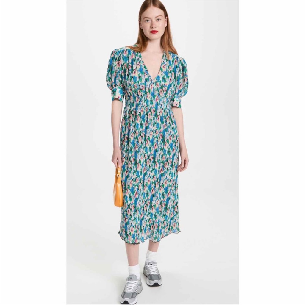 Ganni Pleated Georgette Dress 228 Floral Azure Blue New With Tags Never Worn